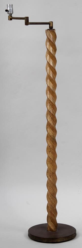 Russel Wright spiral wood on metal base, 51-1/2''h;: Russel Wright spiral wood on metal base, 51-1/2''h; losses and splits to wood.