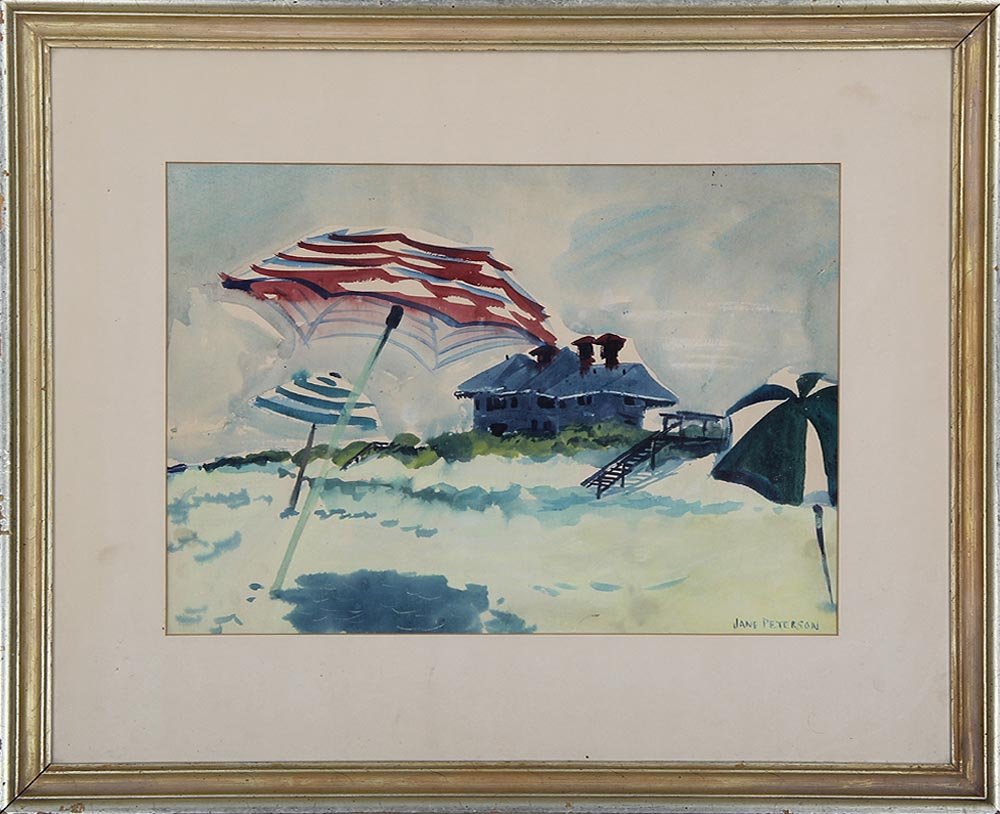 JANE PETERSON (American, 1876-1965), beach scene,: JANE PETERSON (American, 1876-1965), beach scene, watercolor, signed lower right, sight 14''h, 19-3/4''w; crease to right upper corner.