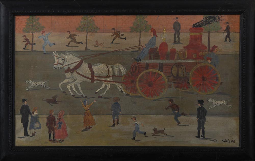Horse drawn fire engine in street, oil on canvas,: Horse drawn fire engine in street, oil on canvas, signed ''A. Nilson'' lower right, 16-3/4''h, 28-1/2''w; crazing.