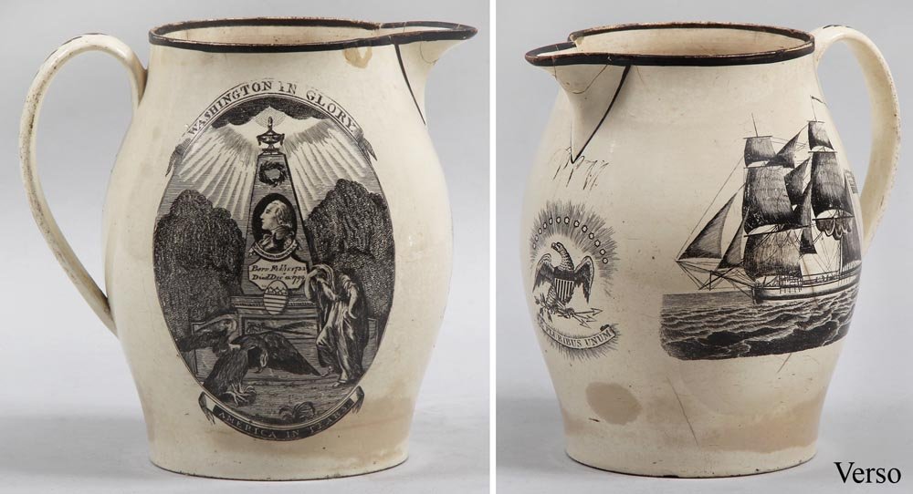 Liverpool creamware Washington mourning pitcher: Liverpool creamware Washington mourning pitcher, circa 1800, ''Washington in Glory, America in Tears, E Pluribus Unum'', initialed ''PLM'' near spout, 8-3/4''h; cracks, chips, repairs.