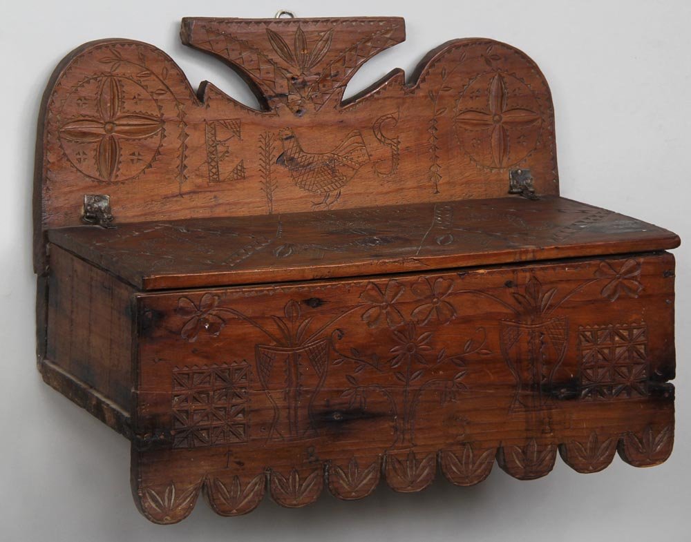 Incised hanging wall box with floral and chicken: Incised hanging wall box with floral and chicken designs, monogrammed ''E S'' and ''RECUERDO'' inscribed, opens to compartment with two dividers, 10-1/2''h, 13-3/4''w, 6-1/4''d; repairs, nail holes.