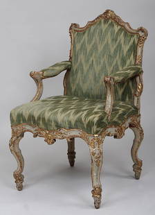 Rococo open armchair in distressed paint, 37-1/2''h,: Rococo open armchair in distressed paint, 37-1/2''h, 24''w, 25-1/2''d. Provenance: Phipps Family, Long Island , New York.