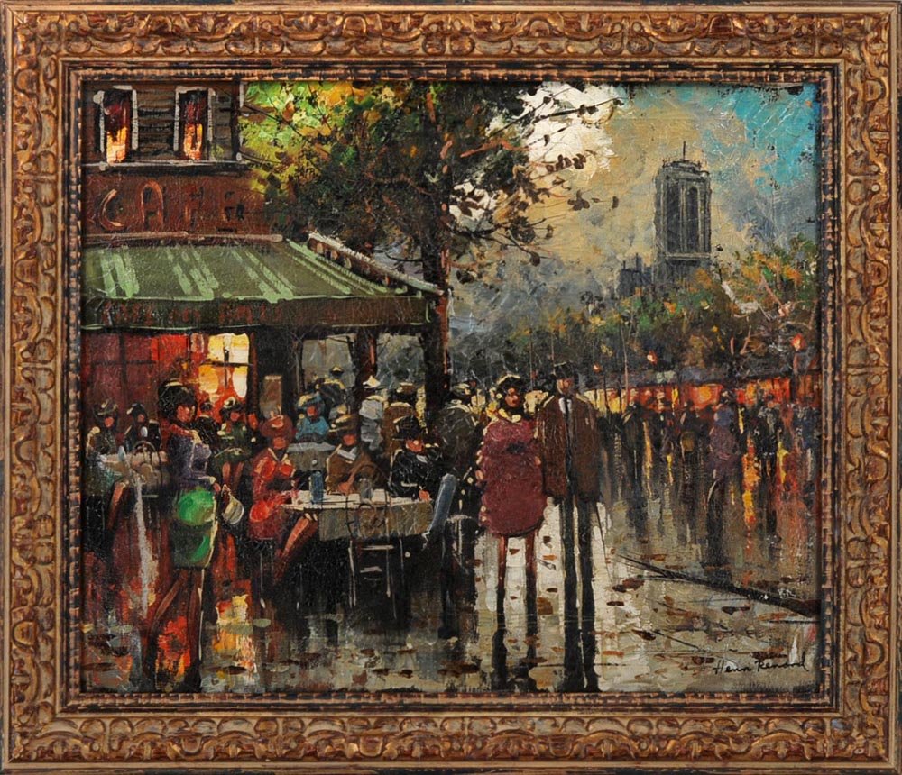 HENRI RENARD (French, 19/20th century), Paris street: HENRI RENARD (French, 19/20th century), Paris street scene, oil on canvas, signed lower right, 20''h, 24''w; craquelure and restorations.