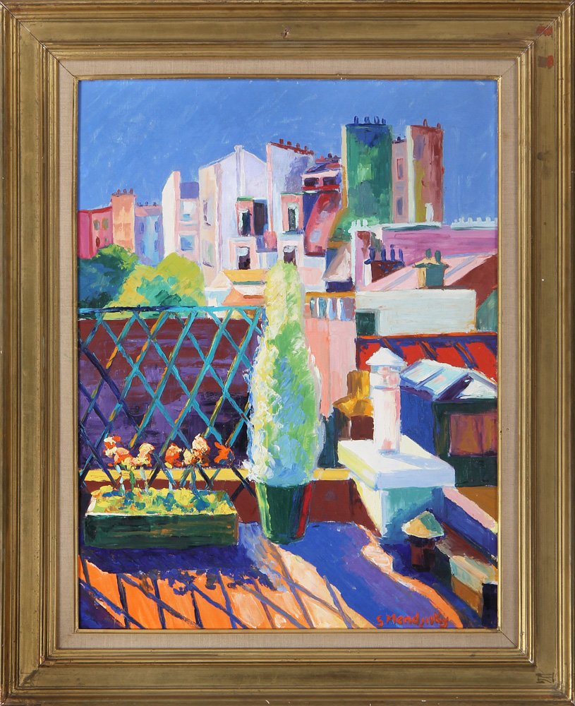 SERGE MENDJISKY (French, b. 1929), cityscape, oil on: SERGE MENDJISKY (French, b. 1929), cityscape, oil on canvas, signed lower right, bears inscription ''16 Mendjisky, 10 rue de la TREMOILLE PARIS, BAL-04-63 8e'' to verso, 26''h, 19-3/4''w; restorations