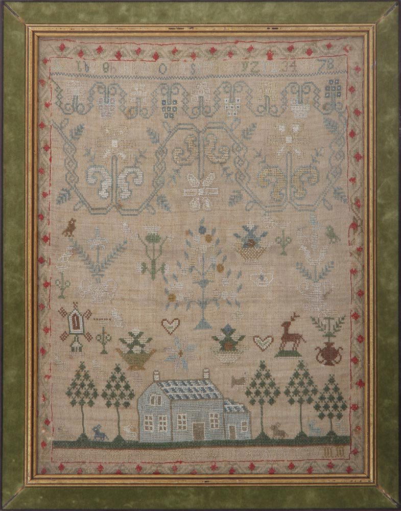 19th century English sampler with house by Janet Watt,: 19th century English sampler with house by Janet Watt, name to bottom, sight 16-1/4''h, 12''w; discoloration.