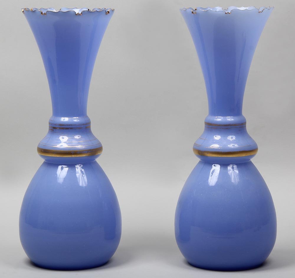 Pair of large blue opaline vases with gilt design,: Pair of large blue opaline vases with gilt design, unmarked, each 21-1/4''h; wear to gilding, chips to rim.