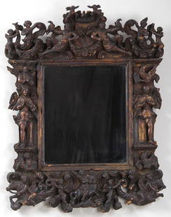 Italian 17th century Baroque carved gilt wood mirror: Italian 17th century Baroque carved gilt wood mirror with four Evangelists and other figures, 36''h, 27''w; losses to crest. Provenance: Long Island estate of an art historian and collector.