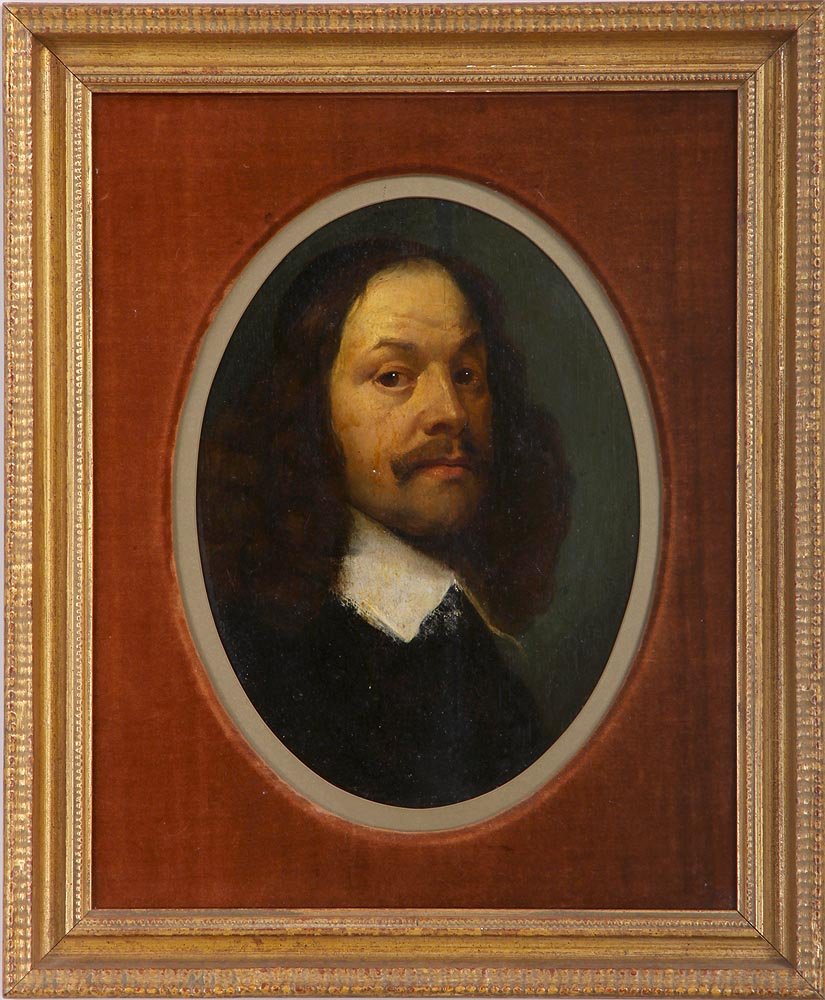 17th century Dutch School portrait of a man in oval,: 17th century Dutch School portrait of a man in oval, oil on panel, unsigned, faint stamps to verso of panel, 15''h, 12-1/4''w; light split to center.