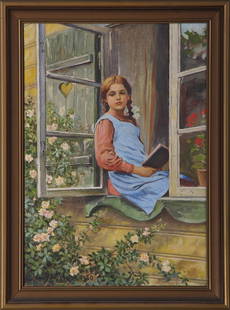 JENNY NYSTROM (Swedish, 1854-1946), young girl seated: JENNY NYSTROM (Swedish, 1854-1946), young girl seated in window, oil on canvas board, signed and dated 1930 lower left, 20''h, 14''w.