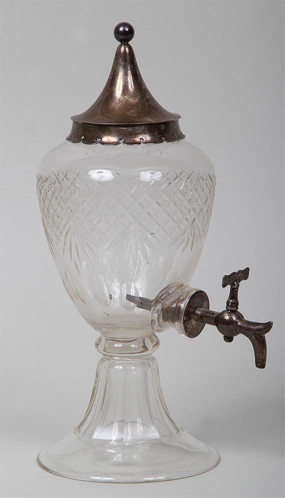 English sterling silver and glass wine dispenser,: English sterling silver and glass wine dispenser, Charles James Fox, London, 1899, hallmarked on lid, rim, and spout, 12''h, lid rim slightly misshapen, chip inside glass body. Provenance: Estate of C