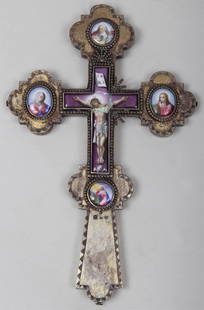 Russian silver and enameled cross, with etched scenes: Russian silver and enameled cross, with etched scenes to verso, Moscow, 1839, assay Nikolay Dubrovin, marked 84, 13.1 troy oz., 12''h, 7-3/4''w, 3/4''d; losses, repairs. Provenance: Long Island estate