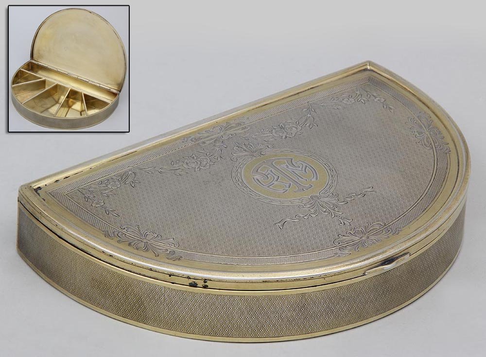 Gorham sterling silver dresser box, with gold wash and: Gorham sterling silver dresser box, with gold wash and tooled details, rose garland and monogram to lid, having six interior compartments, signed on bottom, approx. 23.8 troy oz., 1-1/2''h, 8-1/2''w, 