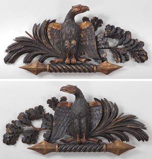 Pair of 19th century carved gilt wood eagles, 14''h,: Pair of 19th century carved gilt wood eagles, 14''h, 29''w; repairs and losses, repainted. Provenance: Long Island estate of an art historian and collector.