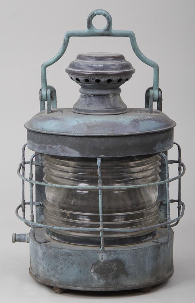 Brass Perko hanging lantern, marked ''Perkins Marine: Brass Perko hanging lantern, marked ''Perkins Marine Lamp Corp, Brooklyn, NY, USA'' to front, 17''h.
