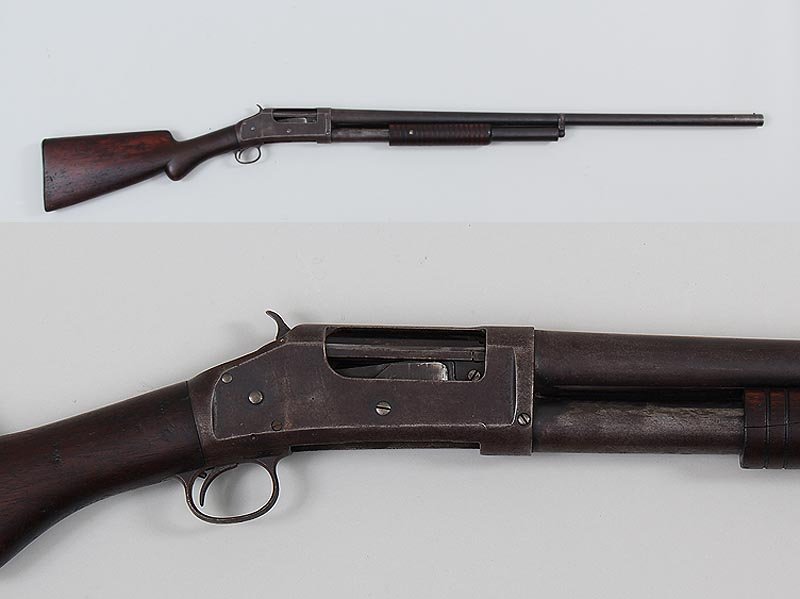 Winchester model 97 pump shotgun in 12g. The round: Winchester model 97 pump shotgun in 12g. The round barrel measures 30'' marked full choke. The walnut stock has no checking and the forearm is grooved. Shows average handling wear for a gun of this ag