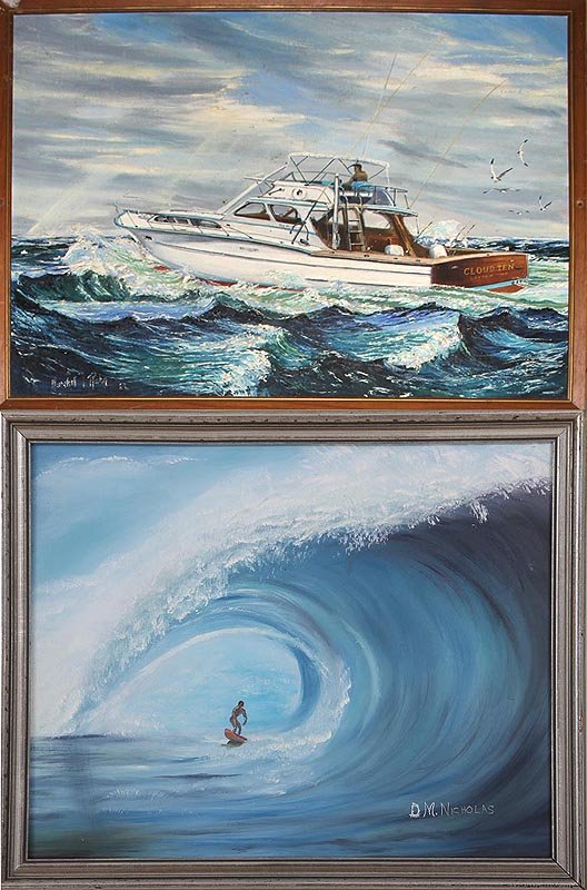 Group of (2): Surfer underneath a wave, oil on canvas,: Group of (2): Surfer underneath a wave, oil on canvas, signed ''D.M. Nicholas'' l/r, 15''h, 20''w.; Boat on water, oil on board, signed and dated ''Marshall Rahn 68'' lower left, sight 17-1/2''h, 23-3