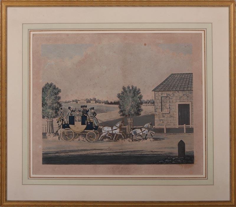 After JAMES POLLARD (British, 1792-1867), ''Four in: After JAMES POLLARD (British, 1792-1867), ''Four in Hand'', handcolored print, published by T. Helme, 14''h, 17-1/2''w; foxing and browning.