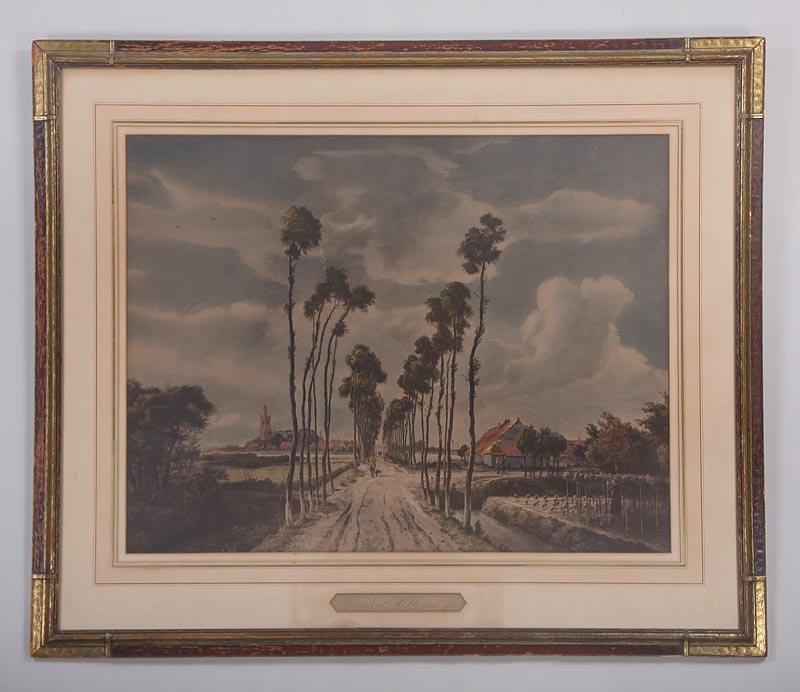 Decorative print after MEINDERT HOBBEMA (Dutch,: Decorative print after MEINDERT HOBBEMA (Dutch, 1638-1709), landscape with tree lined road, sight 22''h, 28-1/2''w.; few scratches to surface.