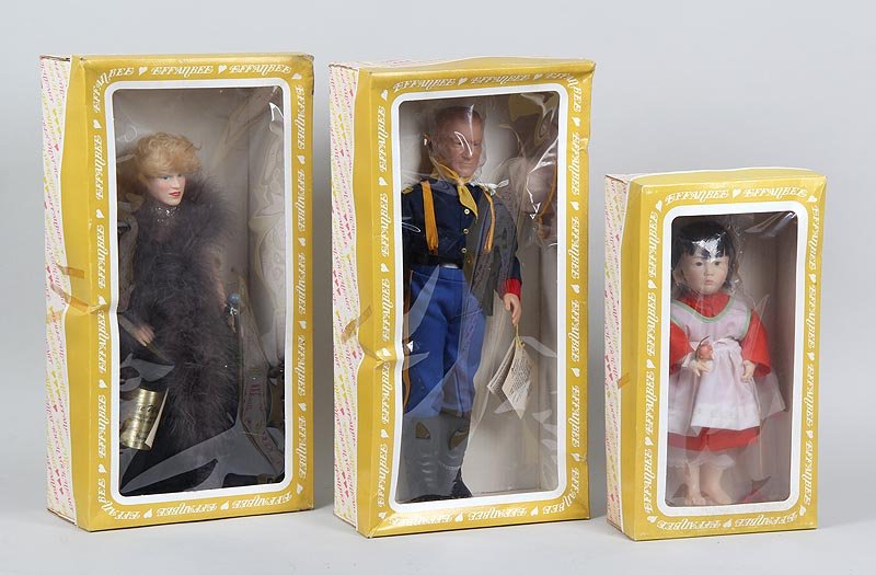 Group of (3) Effanbee dolls in boxes to include: (1): Group of (3) Effanbee dolls in boxes to include: (1) Orange Blossom by Joyce Stafford, 12-1/2''h, 6-1/2''w; (2) Legend Series, John Wayne, 19''h,6-1/2''w and Mae West, 16-1/2''h, 9-1/2''w. Excellent c