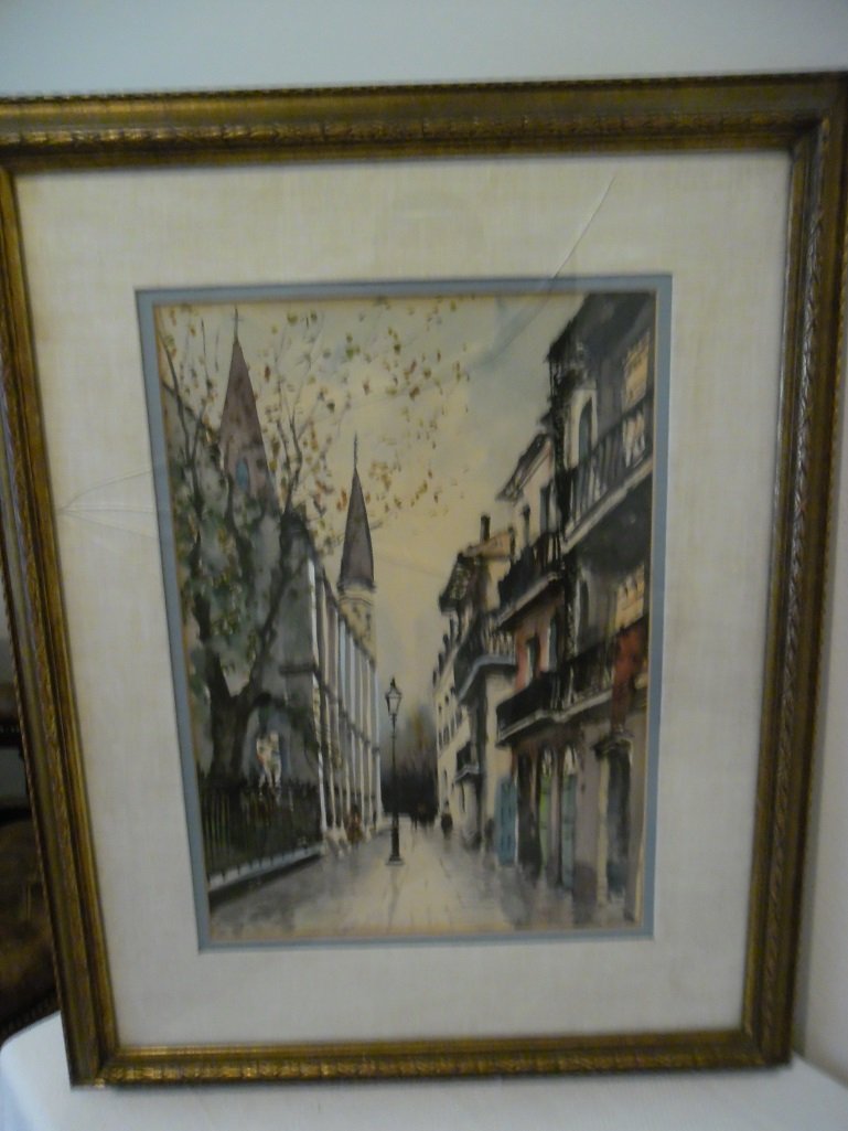 Nestor H Fruge (b. 1916) "St Louis Cathedral": NESTOR H FRUGE (b. 1916) Original Watercolor on paper "St. Louis Cathedral from Pere Antoine's Alley" depicting a serene scene in beautiful New Orleans! Comes beautifully matted and framed.