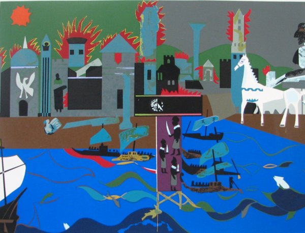 Romare Bearden African American Art Signed & Numb: ARTIST - Romare Bearden TITLE - Troy (The Burning of Troy) from the Odysseus Suite