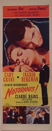 Cary Grant Ingrid Bergman Alfred Hitchc: An original 1954 rereleased movie poster insert sheet (36 X 14") for the Alfred Hitchcock movie "Notorious". Starring Cary Grant, Ingrid Bergman, and Claude Rains . Copyright 1954 by Selznick Releasin