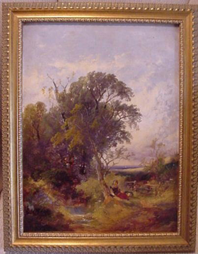 William Shayer Oil on Board: ARTIST: Wolf Kahn (1811-1892) TITLE: Woman Resting in Woods MEDIUM: Oil on Board SIGNATURE: Signed DATED: 1840 DIMENSIONS: 11 X 15"