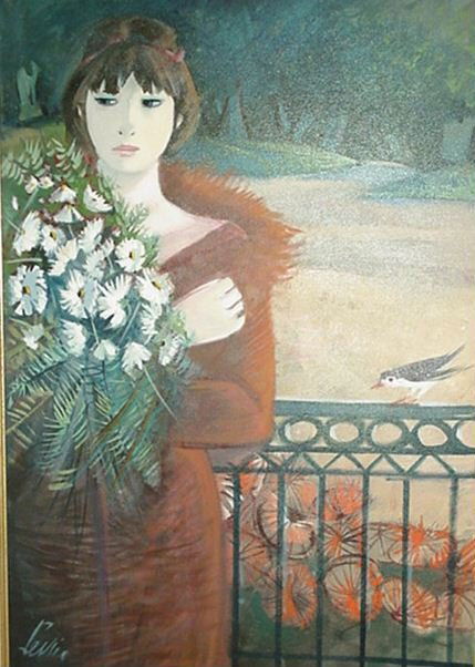 Charles Levier Oil on Canvas *Large: ARTIST: Charles Levier TITLE: Woman with Flowers & Bird MEDIUM: Oil on Canvas SIGNATURE: Signed DIMENSIONS: 24 X 36" (43 X 32" framed)