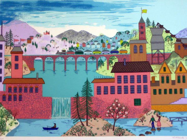 Jack Hofflander Lithograph Pencil Signed & Number: ARTIST: Jack Hofflander TITLE: Mountain Bridge DATE: 1980 MEDIUM: Lithograph SIGNED: Pencil Signed - Bottom Right NUMBERED: Pencil Numbered from an edition of 250 piece - bottom left DIMENSIONS: 34 X