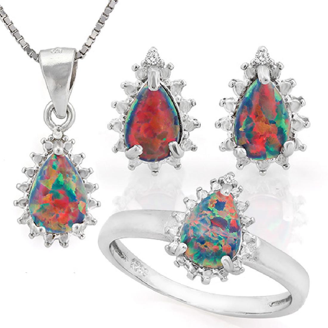 925 STERLING SILVER SET W/ CREATED FIRE OPAL & DIAMOND (1 of 1)