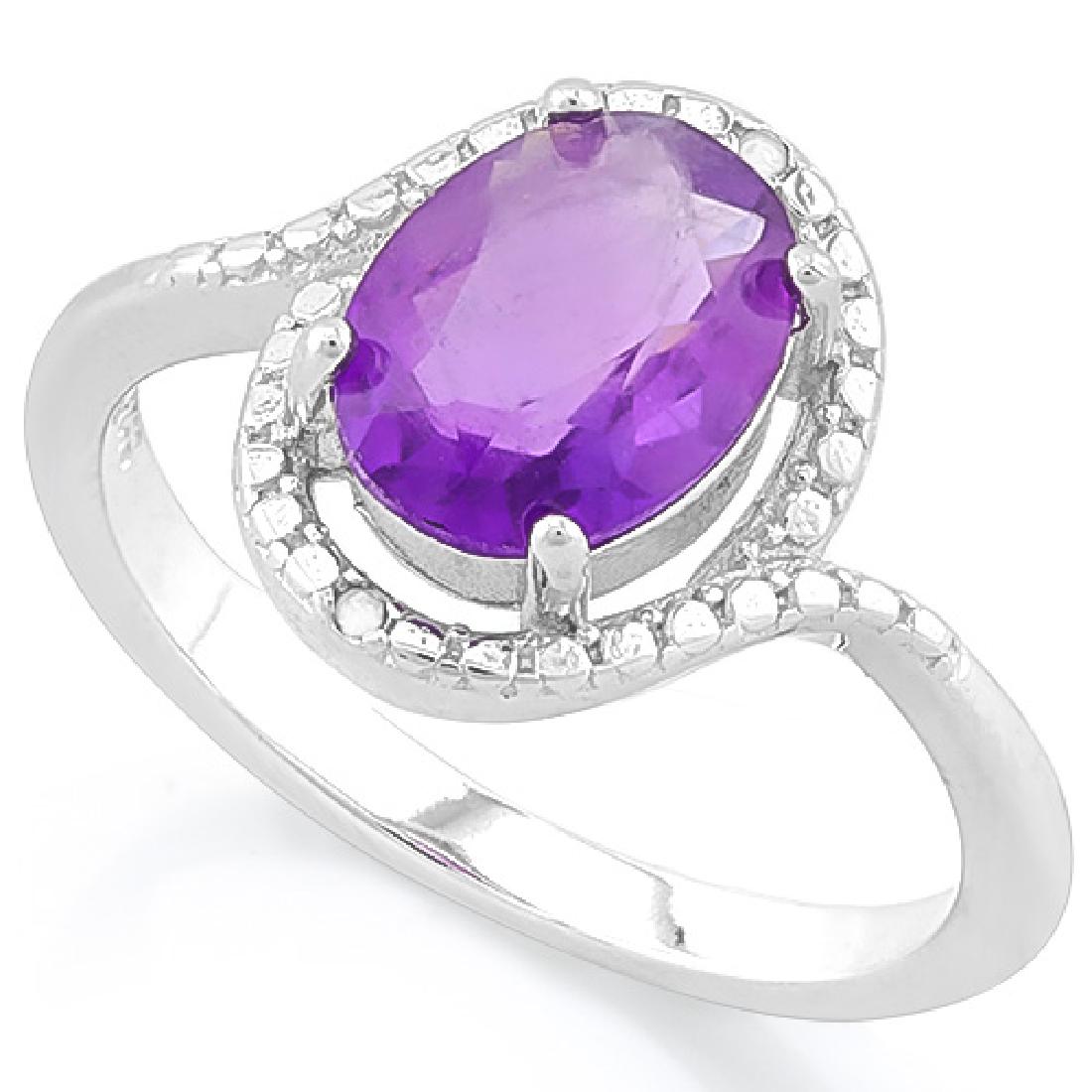 925 STERLING SILVER RING WITH AMETHYST & DIAMOND: FOXY ! 1 2/3 CARAT AMETHYST & DIAMOND 925 STERLING SILVER RING