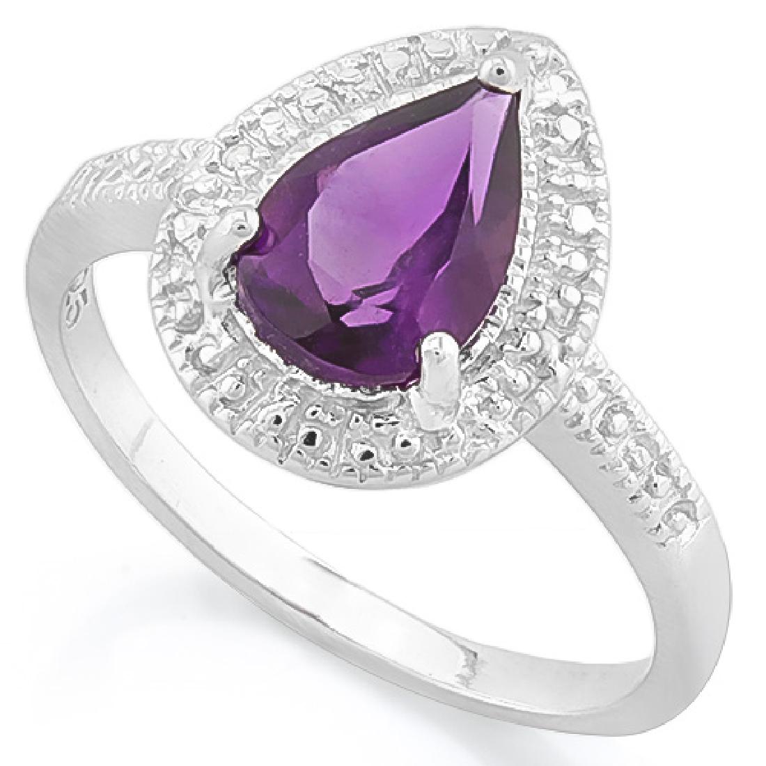 ELITE 925 STERLING SILVER RING WITH AMETHYST & DIAMOND: ELITE ! 925 STERLING SILVER RING SET WITH 1 1/5 CARAT AMETHYST & DIAMOND