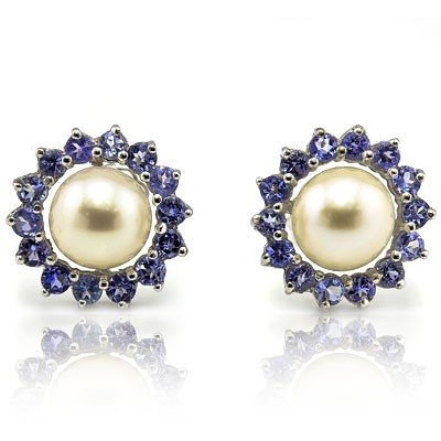 7MM PEARL& 32 PCS TANZANITE IN 10K GOLD EARRINGS: THIS EXCELLENT EARRINGS IS MADE OF 2 PCS ROUND 7MM WHITE FRESH WATER PEARL TOTAL WEIGHT 4.43 CT & 32 PCS ROUND 2MM (1.06CT) GENUINE TANZANITE SET IN 10K SOLID WHITE GOLD. METAL WEIGHT : 1.2 GRAM Produ