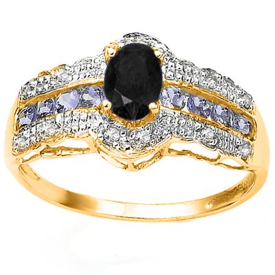 SAPPHIRE, TANZANITE & DIAMOND 0.925 SILVER RING: THIS EXCELLENT RING IS MADE OF AN OVAL 4X6MM 0.68 CT GENUINE BLACK SAPPHIRE & 8 PCS 2MM 0.27CT ROUND GENUINE TANZANITE AND 24PCS 0.9MM ROUND WHITE DIAMOND CRAFTED IN 10K SOLID YELLOW GOLD METAL WEIGHT