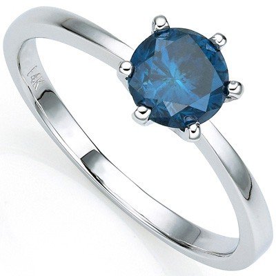 14K WHITE GOLD SOLITAIRE BLUE DIAMOND RING: THIS 1/5 CT BLUE DIAMOND RING IN 14K WHITE GOLD FEATURES A ROUND BLUE DIAMOND IN 6-PRONG SETTING METAL WEIGHT :1.0 GRAM RING SIZE : 7=US/O=UK METAL STAMP: 14K BLUE DIAMOND CLARITY : SI1-I2 BLUE DIAMON