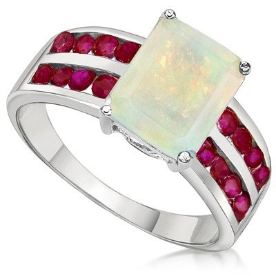 8x10mm Lab Opal & 2mm Round Ruby Silver Ring: Information Product Code: RI-B2_925W_W_LOP_RUB Metal : 0.925 STERLING SILVER W/ PLATINUM Product Type : Gemstone Ring Metal Weight : 2.50g Ring Size :7=US, O=UK Stone Detail: