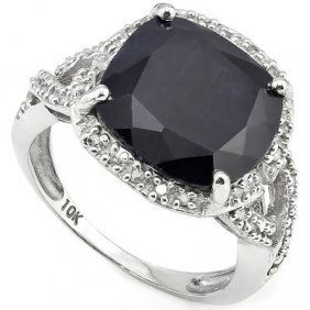12mm Cushion Black Sapphire & Diamond Gold Ring: This ring features the Cushion 12mm Sapphire and the 44pcs of the diamond set in 10K gold . Product Code: RI-E116_10KW_W_SAP_DS Metal 10K White Gold Product Type Gemstone Ring Metal Weight 3.65g Ring