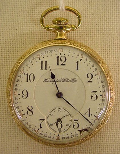 Hampden pocket watch: Watch is 21-jewel, Size:16, serial #3455688, Case: "SWCCO" 20-yr gold filled #5944850, running condition (when wound will continue to run for at least one minute)