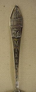 Minnesota sterling souvenir spoon, Minneapolis: Minnesota sterling souvenir spoon, Minneapolis Spoon is 5 1/2" long with Minneapolis engraved in bowl and Minnehaha Falls on handle