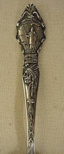 Iowa sterling souvenir spoon with Indian chief he: Iowa sterling souvenir spoon with Indian chief head Spoon is 5 3/4" long with Indian chief head on handle & ornate design made by Baker manchester silver co.