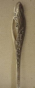 Portland sterling souvenir spoon with Mt. Hood: Portland sterling souvenir spoon with Mt. Hood Spoon is 5 5/8" long with "Mt. Hood" cut design made by Jos. Mayer & Bros silver co