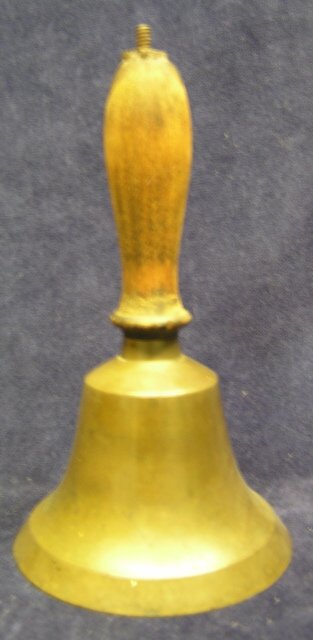 Old brass school teacher bell, wood handle: Nice old bell, shows some wear but has good ring
