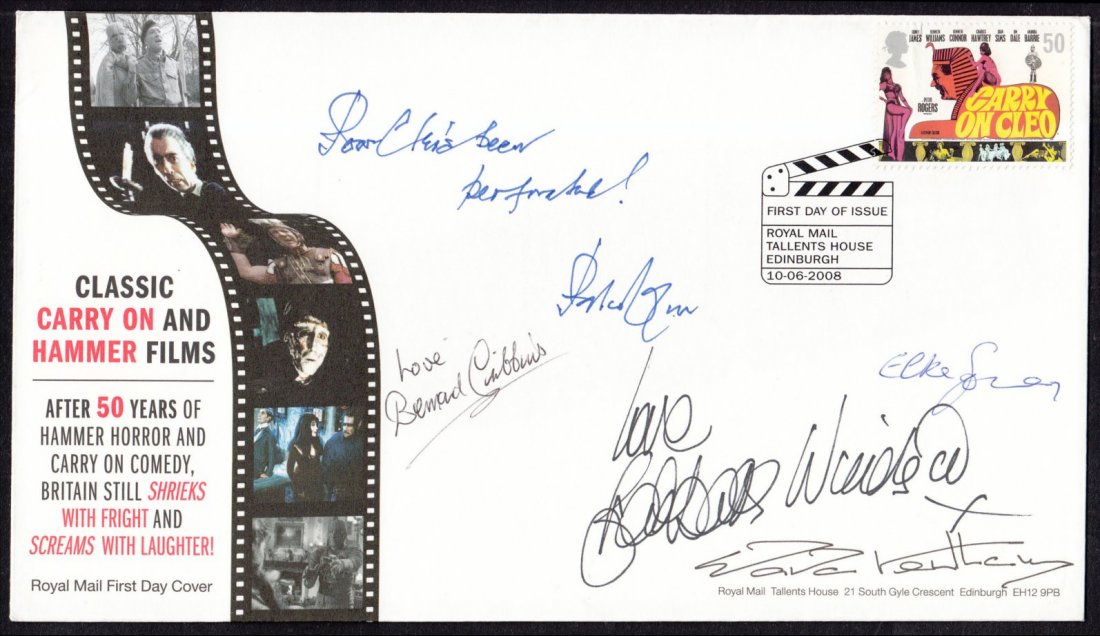 Stamps : Autographs: 2008 Classic Carry On Films single value Royal Mail FDC signed by Peter Rogers (Producer), Bernard Cribbins, Barbara Windsor, Elke Sommer & Wanda Ventham. Unaddressed, fine.