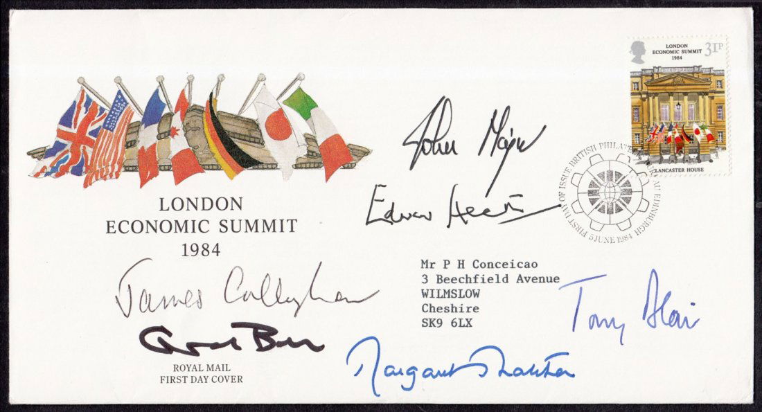 Stamps : Autographs: James Callaghan, Gordon Brown, John Major, Edward Heath, Margaret Thatcher & Tony Blair: 6 Prime Ministers autographed on 1984 Economic Summit Royal Mail FDC. Typed address, fine.
