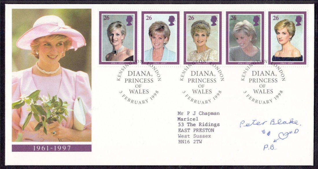 Autographs - Sir Peter Blake: Autographed on 1998: Sir Peter Blake: Autographed on 1998 Princess Diana Royal Mail FDC. Typed address, fine.