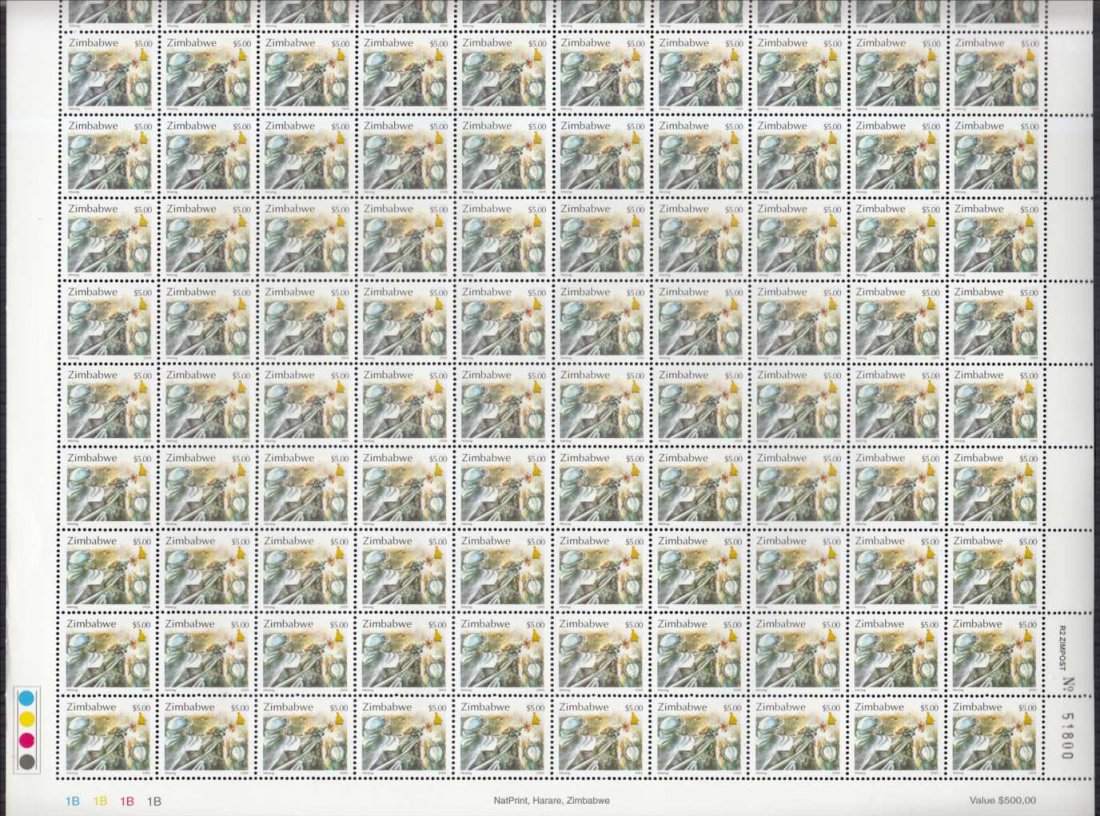 Zimbabwe - 2000 Fauna, Industry & Development $5 Mining: 2000 Fauna, Industry & Development $5 Mining complete sheet of 100 x 100 sheets U/M, fine. SG 1014 Cat Â£6500 (10,000)