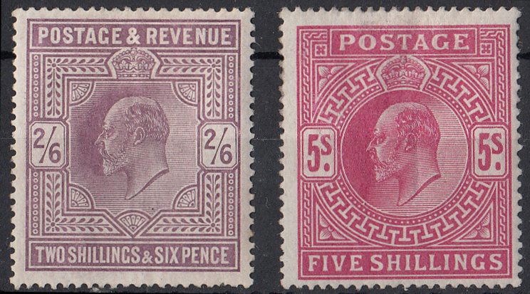 King Edward Vii - 2/6d & 5/- Mint, part gum only. Cat: 2/6d & 5/- Mint, part gum only. Cat Â£705 (as cheapest) (2)