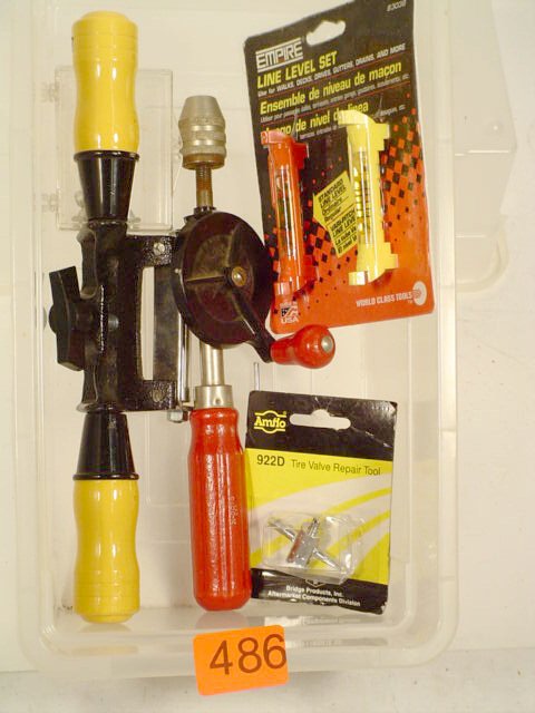 Hand drill , hand roller, line level: Hand drill , hand roller, line level, tire valve repair tool, Condition: Some new in pkg'ing, Weight: 3 LBS, box 13x4x7 inches