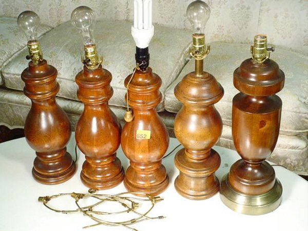 Set of 5 turned wooden lamps
