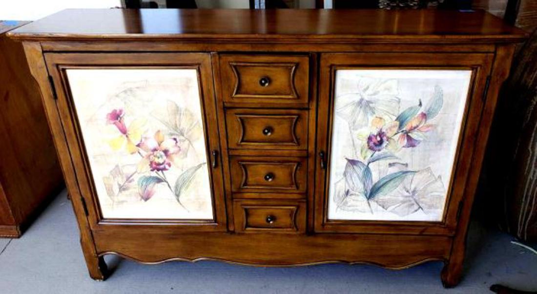 BUFFET SERVER or CREDENZA: BUFFET SERVER or CREDENZA or CELLARETTE WITH ORCHID DESIGN DOORS With these beautiful orchids on a white background on two front doors, this is an outstanding piece, gre